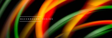 Dinamik hareket soyut arkaplan. Siyah üzerine bulanık renkli çizgiler. Sıvı çizgiler posteri. Vektör illüstrasyonu