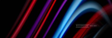 Dinamik hareket soyut arkaplan. Siyah üzerine bulanık renkli çizgiler. Sıvı çizgiler posteri. Vektör illüstrasyonu