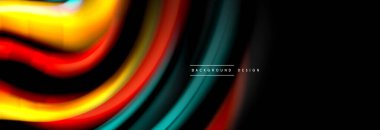 Dinamik hareket soyut arkaplan. Siyah üzerine bulanık renkli çizgiler. Sıvı çizgiler posteri. Vektör illüstrasyonu