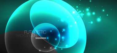 Neon elipsler soyut arkaplanlardır. Karanlıkta parlayan parlak yuvarlak şekiller. Kapaklar, afişler, el ilanları ve posterler ve diğer şeyler için vektör fütüristik çizimler