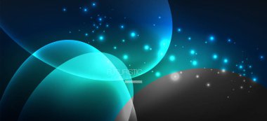 Neon elipsler soyut arkaplanlardır. Karanlıkta parlayan parlak yuvarlak şekiller. Kapaklar, afişler, el ilanları ve posterler ve diğer şeyler için vektör fütüristik çizimler