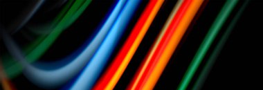 Dinamik hareket soyut arkaplan. Siyah üzerine bulanık renkli çizgiler. Sıvı çizgiler posteri. Vektör illüstrasyonu