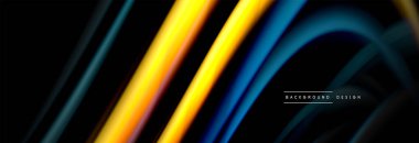 Dinamik hareket soyut arkaplan. Siyah üzerine bulanık renkli çizgiler. Sıvı çizgiler posteri. Vektör illüstrasyonu