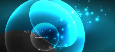 Neon elipsler soyut arkaplanlardır. Karanlıkta parlayan parlak yuvarlak şekiller. Kapaklar, afişler, el ilanları ve posterler ve diğer şeyler için vektör fütüristik çizimler