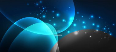 Neon elipsler soyut arkaplanlardır. Karanlıkta parlayan parlak yuvarlak şekiller. Kapaklar, afişler, el ilanları ve posterler ve diğer şeyler için vektör fütüristik çizimler