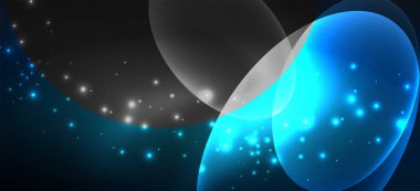 Neon elipsler soyut arkaplanlardır. Karanlıkta parlayan parlak yuvarlak şekiller. Kapaklar, afişler, el ilanları ve posterler ve diğer şeyler için vektör fütüristik çizimler