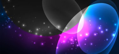 Neon elipsler soyut arkaplanlardır. Karanlıkta parlayan parlak yuvarlak şekiller. Kapaklar, afişler, el ilanları ve posterler ve diğer şeyler için vektör fütüristik çizimler
