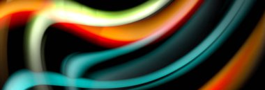 Dinamik hareket soyut arkaplan. Siyah üzerine bulanık renkli çizgiler. Sıvı çizgiler posteri. Vektör illüstrasyonu