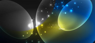 Neon elipsler soyut arkaplanlardır. Karanlıkta parlayan parlak yuvarlak şekiller. Kapaklar, afişler, el ilanları ve posterler ve diğer şeyler için vektör fütüristik çizimler