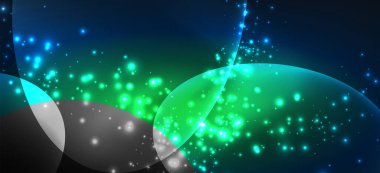 Neon elipsler soyut arkaplanlardır. Karanlıkta parlayan parlak yuvarlak şekiller. Kapaklar, afişler, el ilanları ve posterler ve diğer şeyler için vektör fütüristik çizimler