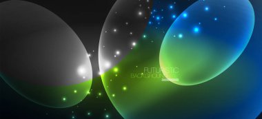 Neon elipsler soyut arkaplanlardır. Karanlıkta parlayan parlak yuvarlak şekiller. Kapaklar, afişler, el ilanları ve posterler ve diğer şeyler için vektör fütüristik çizimler
