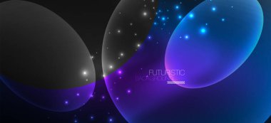 Neon elipsler soyut arkaplanlardır. Karanlıkta parlayan parlak yuvarlak şekiller. Kapaklar, afişler, el ilanları ve posterler ve diğer şeyler için vektör fütüristik çizimler