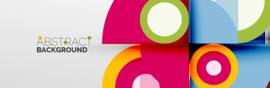 Parlak renkli daireler, soyut yuvarlak şekiller ve gölge efektli üçgenler. Vektör modern geometrik tasarım şablonu