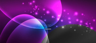 Neon elipsler soyut arkaplanlardır. Karanlıkta parlayan parlak yuvarlak şekiller. Kapaklar, afişler, el ilanları ve posterler ve diğer şeyler için vektör fütüristik çizimler