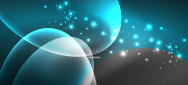 Neon elipsler soyut arkaplanlardır. Karanlıkta parlayan parlak yuvarlak şekiller. Kapaklar, afişler, el ilanları ve posterler ve diğer şeyler için vektör fütüristik çizimler