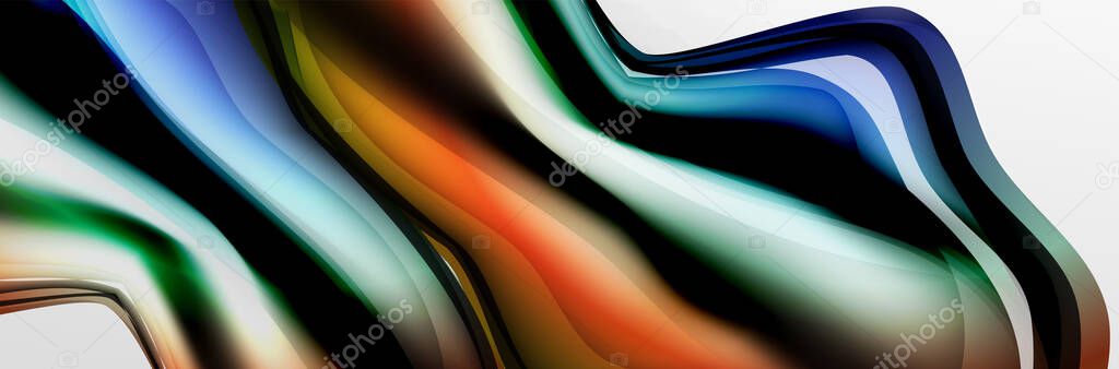 Vector abstract background, flowing liquid style bubble with metallic, color quicksilver chrome texture and color glow effects