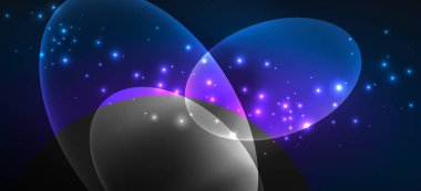 Neon elipsler soyut arkaplanlardır. Karanlıkta parlayan parlak yuvarlak şekiller. Kapaklar, afişler, el ilanları ve posterler ve diğer şeyler için vektör fütüristik çizimler