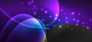 Neon elipsler soyut arkaplanlardır. Karanlıkta parlayan parlak yuvarlak şekiller. Kapaklar, afişler, el ilanları ve posterler ve diğer şeyler için vektör fütüristik çizimler