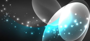 Neon elipsler soyut arkaplanlardır. Karanlıkta parlayan parlak yuvarlak şekiller. Kapaklar, afişler, el ilanları ve posterler ve diğer şeyler için vektör fütüristik çizimler