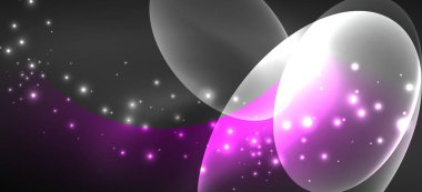 Neon elipsler soyut arkaplanlardır. Karanlıkta parlayan parlak yuvarlak şekiller. Kapaklar, afişler, el ilanları ve posterler ve diğer şeyler için vektör fütüristik çizimler
