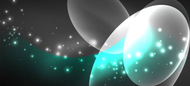 Neon elipsler soyut arkaplanlardır. Karanlıkta parlayan parlak yuvarlak şekiller. Kapaklar, afişler, el ilanları ve posterler ve diğer şeyler için vektör fütüristik çizimler