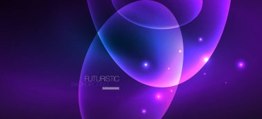 Neon elipsler soyut arkaplanlardır. Karanlıkta parlayan parlak yuvarlak şekiller. Kapaklar, afişler, el ilanları ve posterler ve diğer şeyler için vektör fütüristik çizimler