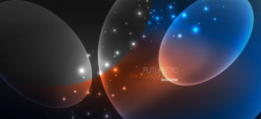 Neon elipsler soyut arkaplanlardır. Karanlıkta parlayan parlak yuvarlak şekiller. Kapaklar, afişler, el ilanları ve posterler ve diğer şeyler için vektör fütüristik çizimler