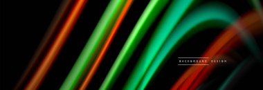 Dinamik hareket soyut arkaplan. Siyah üzerine bulanık renkli çizgiler. Sıvı çizgiler posteri. Vektör illüstrasyonu