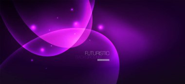 Neon elipsler soyut arkaplanlardır. Karanlıkta parlayan parlak yuvarlak şekiller. Kapaklar, afişler, el ilanları ve posterler ve diğer şeyler için vektör fütüristik çizimler