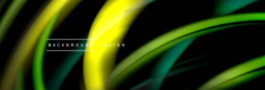 Dinamik hareket soyut arkaplan. Siyah üzerine bulanık renkli çizgiler. Sıvı çizgiler posteri. Vektör illüstrasyonu