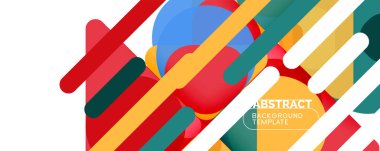 Düz geometrik yuvarlak şekiller ve dinamik çizgiler, soyut arkaplan. Pankartlar, broşürler, posterler ve afişler için vektör ilüstrasyonu