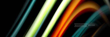 Dinamik hareket soyut arkaplan. Siyah üzerine bulanık renkli çizgiler. Sıvı çizgiler posteri. Vektör illüstrasyonu