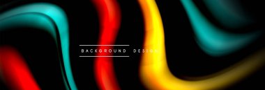 Dinamik hareket soyut arkaplan. Siyah üzerine bulanık renkli çizgiler. Sıvı çizgiler posteri. Vektör illüstrasyonu