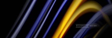 Dinamik hareket soyut arkaplan. Siyah üzerine bulanık renkli çizgiler. Sıvı çizgiler posteri. Vektör illüstrasyonu