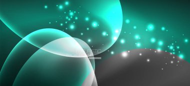 Neon elipsler soyut arkaplanlardır. Karanlıkta parlayan parlak yuvarlak şekiller. Kapaklar, afişler, el ilanları ve posterler ve diğer şeyler için vektör fütüristik çizimler