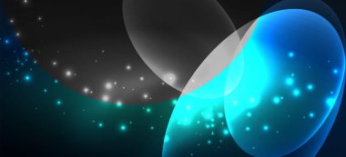 Neon elipsler soyut arkaplanlardır. Karanlıkta parlayan parlak yuvarlak şekiller. Kapaklar, afişler, el ilanları ve posterler ve diğer şeyler için vektör fütüristik çizimler