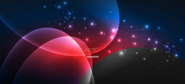 Neon elipsler soyut arkaplanlardır. Karanlıkta parlayan parlak yuvarlak şekiller. Kapaklar, afişler, el ilanları ve posterler ve diğer şeyler için vektör fütüristik çizimler