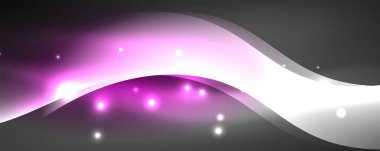 Parlak neon dalgalar, ışık çizgileri soyut arkaplan. Sihirli enerji ve hareket konsepti. Vektör duvar kağıdı şablonu