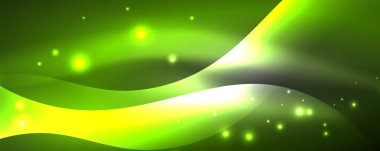 Parlak neon dalgalar, ışık çizgileri soyut arkaplan. Sihirli enerji ve hareket konsepti. Vektör duvar kağıdı şablonu