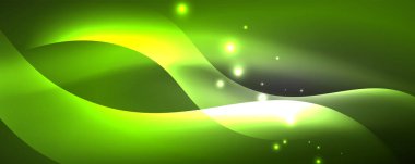 Parlak neon dalgalar, ışık çizgileri soyut arkaplan. Sihirli enerji ve hareket konsepti. Vektör duvar kağıdı şablonu