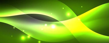 Parlak neon dalgalar, ışık çizgileri soyut arkaplan. Sihirli enerji ve hareket konsepti. Vektör duvar kağıdı şablonu