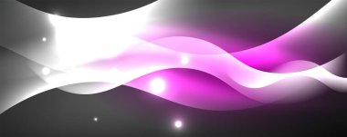 Parlak neon dalgalar, ışık çizgileri soyut arkaplan. Sihirli enerji ve hareket konsepti. Vektör duvar kağıdı şablonu