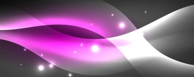 Parlak neon dalgalar, ışık çizgileri soyut arkaplan. Sihirli enerji ve hareket konsepti. Vektör duvar kağıdı şablonu