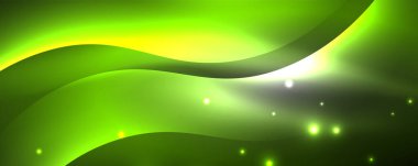 Parlak neon dalgalar, ışık çizgileri soyut arkaplan. Sihirli enerji ve hareket konsepti. Vektör duvar kağıdı şablonu