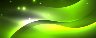 Parlak neon dalgalar, ışık çizgileri soyut arkaplan. Sihirli enerji ve hareket konsepti. Vektör duvar kağıdı şablonu