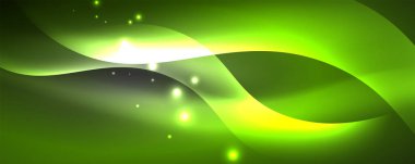 Parlak neon dalgalar, ışık çizgileri soyut arkaplan. Sihirli enerji ve hareket konsepti. Vektör duvar kağıdı şablonu