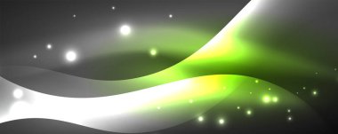 Parlak neon dalgalar, ışık çizgileri soyut arkaplan. Sihirli enerji ve hareket konsepti. Vektör duvar kağıdı şablonu