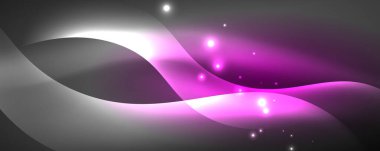 Parlak neon dalgalar, ışık çizgileri soyut arkaplan. Sihirli enerji ve hareket konsepti. Vektör duvar kağıdı şablonu