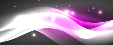 Parlak neon dalgalar, ışık çizgileri soyut arkaplan. Sihirli enerji ve hareket konsepti. Vektör duvar kağıdı şablonu