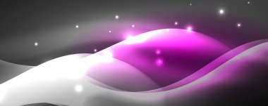 Parlak neon dalgalar, ışık çizgileri soyut arkaplan. Sihirli enerji ve hareket konsepti. Vektör duvar kağıdı şablonu